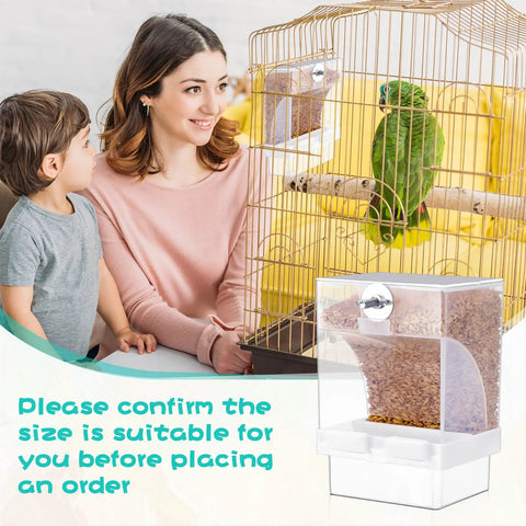 No Sweat Automatic Parrot Feeder Cups Bulk Pack designed for neat seed dispensing in birdcage, 8 clear feeders shown.