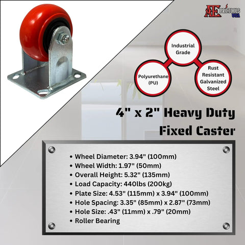 Heavy Duty 4 Inch Polyurethane Caster Wheels Set, chrome fixed caster with red wheel, supports 440 lbs load, ideal for tool carts.