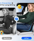 Premium Memory Foam Car Seat Cushion With Napa Leather Ergonomic Lumbar Support Pillow, showing before and after pain relief.