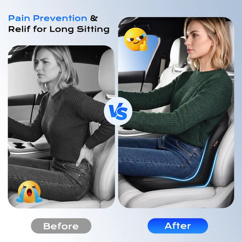 Premium Memory Foam Car Seat Cushion With Napa Leather Ergonomic Lumbar Support Pillow, showing before and after pain relief.