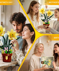 DIY Lily Bonsai Building Set For Adults, Maintenance Free Indoor Plant Decor, 296 Piece Flower Building Blocks Kit For Home Office, Living Room, Gift For Moms, Women, And Girls On Birthdays Or Mother's Day; yellow flowers in pot