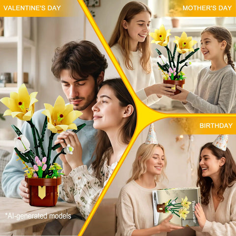 DIY Lily Bonsai Building Set For Adults, Maintenance Free Indoor Plant Decor, 296 Piece Flower Building Blocks Kit For Home Office, Living Room, Gift For Moms, Women, And Girls On Birthdays Or Mother's Day; yellow flowers in pot
