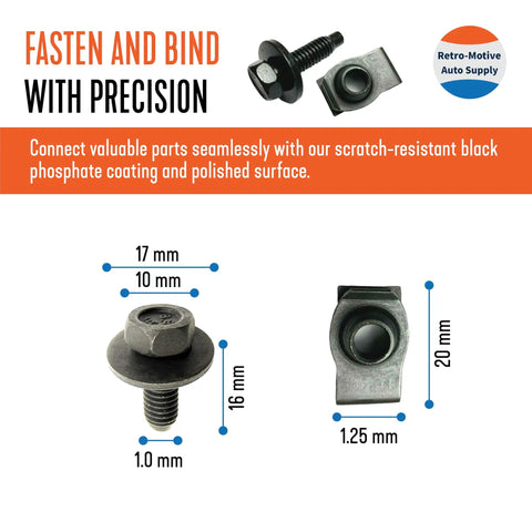Top Shelf Black M6 Hex Head Exterior Body Bolts and Direct Swap Replacement Clips Kit for Daily Drivers and Pickup Trucks With Slick Matte Coating and No Sweat Oem Spec Mounting with dimensions.