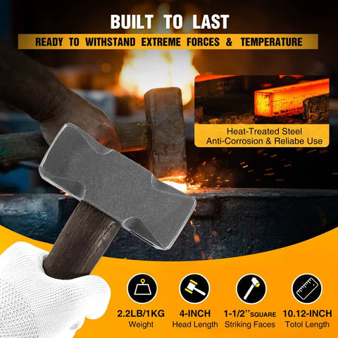 Heavy Duty 2.2lb Forge Hammer For Farriers And Knife Makers, Handmade Square Blacksmith Tool For Forging Blades, Pro Grade