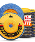Top Tier 4.5 Inch Flap Discs For Angle Grinder Featuring No Fuss Tool Free Installation 40 Grit Hella Strong Zirconia Sanding Wheels For Knocking Rust Off And Securing Boss Level Surface Prep Work 10 Pack, showing yellow discs and blue flaps.