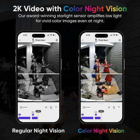 2K Video display with Wireless Duo Cam Video Doorbell With Chime Included showing color night vision on smartphone screens.