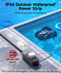 Weatherproof Outdoor Power Strip With 3 AC Outlets And A 15ft Extension Cord For Patio Or Yard, Heavy Duty, Water Resistant, High Power 1625W, Durable Build For Safe Outdoor Setup, beside a pool