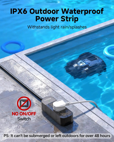 Weatherproof Outdoor Power Strip With 3 AC Outlets And A 15ft Extension Cord For Patio Or Yard, Heavy Duty, Water Resistant, High Power 1625W, Durable Build For Safe Outdoor Setup, beside a pool