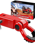 Shackle Hitch Receiver 2 Inch Beefed Up Heavy Duty Recovery Kit With Three Quarter Inch D Ring And Trailer Pin For Trucks And Jeeps Off Road Towing 45000 Lbs Break Strength, shown in red with packaging
