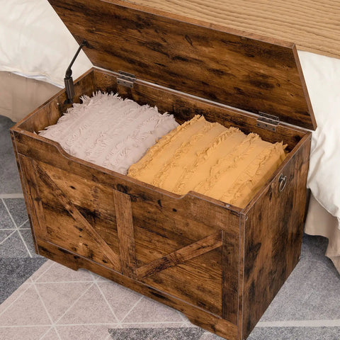 Rock Solid Wooden Storage Bench With Safety Hinge And Cool U Shaped Handles Pretty Slick Heavy Duty Seating Spot For Toys And Throw Blankets Rustic Brown Quick No Sweat Assembly Entryway Organizer