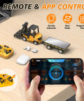 Hands holding controller, Newest 2026 Dope One Sixty Four Scale RC Forklift Toy With Trailer displayed on a desk.