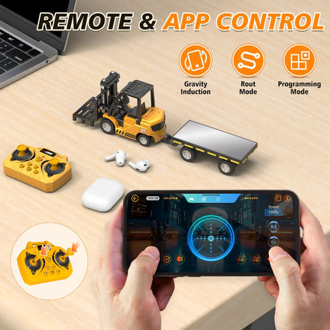 Hands holding controller, Newest 2026 Dope One Sixty Four Scale RC Forklift Toy With Trailer displayed on a desk.