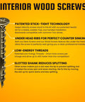Close-up of Top Shelf Interior Wood Screws No Sweat Install Heavy Duty Yellow Zinc Coated Carbon Steel Fasteners with features highlighted.