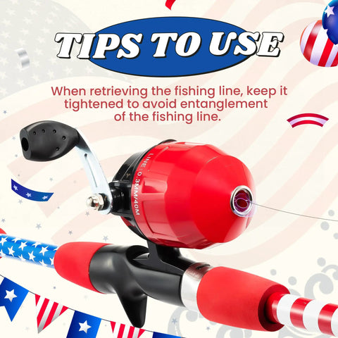 Close-up of Kids Telescopic Fishing Pole Set with Spincast Reel and Patriotic American Flag Theme design details.