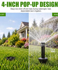 Adjustable Sprinkler Heads 8 Pack For Lawns And Gardens No Sweat Setup Full Circle Rotating Arc Covers Nine To Twenty Feet Compatible With Standard Watering Systems Smooth Operator Action For Effortless Yard Irrigation, 4-inch pop-up design in garden.