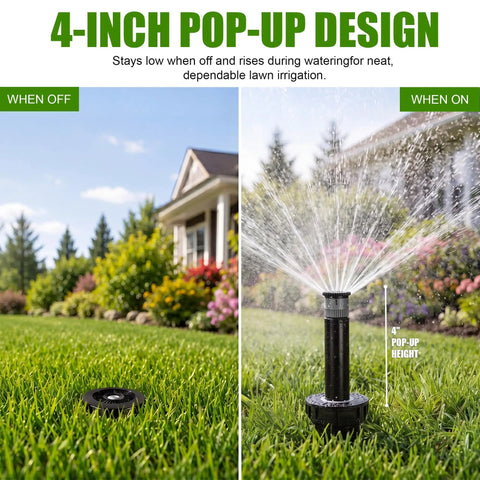 Adjustable Sprinkler Heads 8 Pack For Lawns And Gardens No Sweat Setup Full Circle Rotating Arc Covers Nine To Twenty Feet Compatible With Standard Watering Systems Smooth Operator Action For Effortless Yard Irrigation, 4-inch pop-up design in garden.
