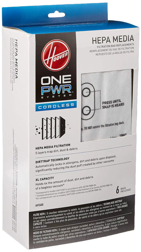 Cordless Vacuum Bags 6 Pack For ONEPWR Vacs With Advanced HEPA Filtration packaging showing filtration details