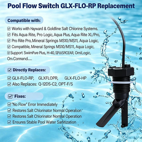 Flow Switch for Hayward Goldline Aquarite Salt Systems and Aqua Rite Pool Chlorine Generators, Reliable Flow Sensor for Hayward Salt Cells, 15 Ft Cable, No-Fuss DIY Replacement for Salt Cell Flow Switch. Black plastic pool flow switch with 15 ft cable