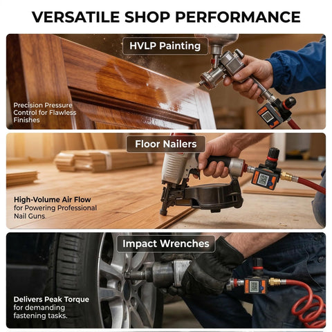 Digital Air Pressure Regulator With Locking Valve For Precise Airflow Up To 160 PSI in use with paint gun, nailer, impact wrench
