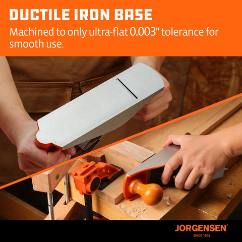Front view of Jorgensen No.4 10-inch wood plane with ductile iron base and orange knob.