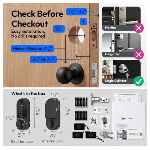 Smooth Zero Drama Keyless Entry With This Heavy Duty Wifi Smart Door Lock showing installation details, dimensions, and included components.