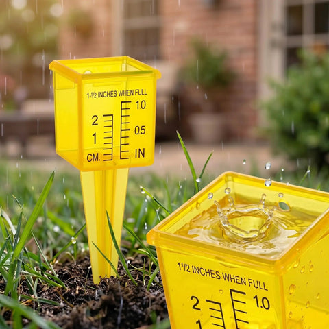 Four Pack Outdoor Rain Gauge With Wide Mouth 1.5 Inch Markings Ground Stake Yard Garden Sprinkler Irrigation Tool Easy Rainfall Readout For Lawn Care Pros High Visibility Yellow Weather Instrument in grass