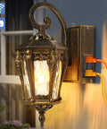 Outdoor Wall Light With Built In Outlet Dusk To Dawn Sensor Waterproof Porch Lantern illuminated on wall