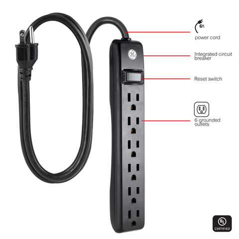 Six Outlet Power Strip With 6 Ft Extension Cord 4 Pack Heavy Duty Flat Plug Grounded Built In Circuit Breaker 3 Prong Wall Mount UL Listed Black For Home Office Garage Studio Setups showing outlets and features.