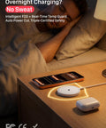 Wireless MagSafe Charger For iPhone 12-17 And AirPods Pro on bedside table at night, phone and AirPods charging.