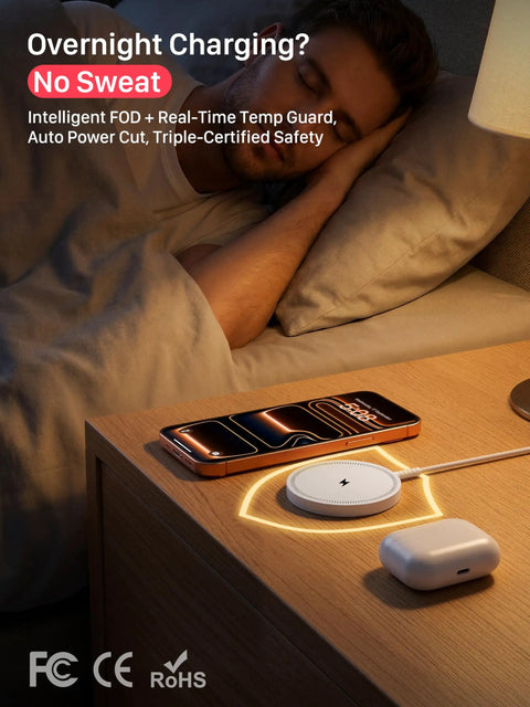 Wireless MagSafe Charger For iPhone 12-17 And AirPods Pro on bedside table at night, phone and AirPods charging.