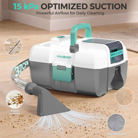 Badass 24V Cordless Wet And Dry Shop Vacuum With Two Gallon Bucket and brushless motor featuring handy touchscreen on a wooden floor.