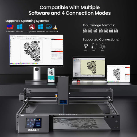 Beast Power 20000mW Laser Engraver And Cutter with 3.5 inch touch screen in operation, displaying engraving software on monitor