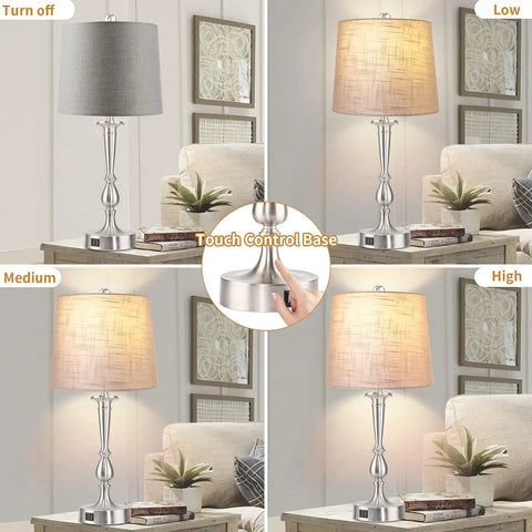 Set Of 2 Touch Control Table Lamps With Dual USB Charging Ports, 3 Way Dimmable, Nickel Finish, shown in living room setting