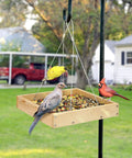 Eco Friendly Wood Hanging Bird Feeder Tray For Outdoors with birds on the durable platform in a garden setting.