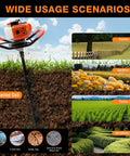 Gas Powered Earth Auger With 52cc Engine Post Hole Digger Kit Includes 4 Inch 6 Inch 8 Inch Bits And 30 Centimeter Extension Rods Heavy Duty Fence Hole Borer showcasing wide usage scenarios like fences, gardens, farms, and shrubbery with loosened soil texture.