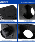 Square Catch Basin Drain Kit 12-Inch For Lawns And Landscaping With Two-Opening Catch Basin Drain Stormwater Solution Easy Install Includes Two Adapters One Outlet Plug And Plastic Drain Grate Black showing side openings, plug, and grate features.