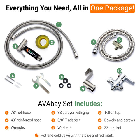Hot and Cold Bidet Sprayer With Thermal Grip set, including hoses, SS sprayer, T adapter, washers, SS bracket, and tools.