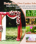 Wood Garden Arbor Archway Pergola 84 Inch Outdoor Structure With Decorative Hanging Roof And Side Climbing Trellis shown with red drapes and flowers
