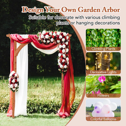 Wood Garden Arbor Archway Pergola 84 Inch Outdoor Structure With Decorative Hanging Roof And Side Climbing Trellis shown with red drapes and flowers