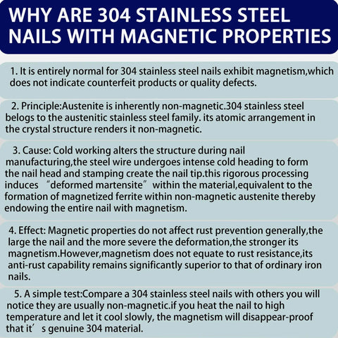 Why 304 Stainless Steel Nails exhibit magnetism explained in informative text format about structural properties.