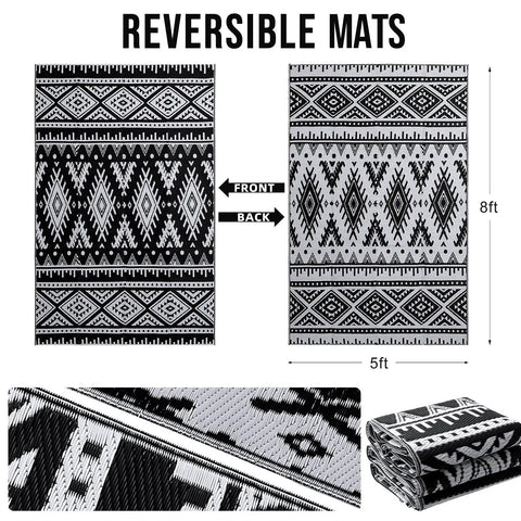 Waterproof Reversible Outdoor Rug 5x8 Ft Made From Recycled Plastic Straws, black and white boho pattern, reversible design