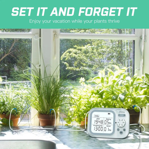 Hands Free Indoor Plant Waterer System For Fifteen Potted Plants Auto Drip Irrigation Kit With Programmable Timer in sunlight
