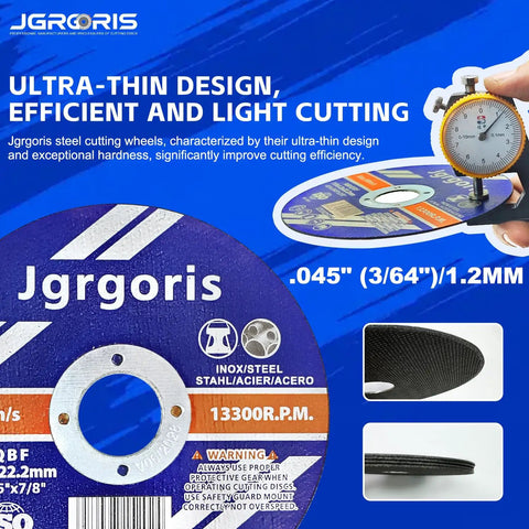 Close-up of 4-1/2 Inch Cut Off Wheels Kit, 100 Pack For Angle Grinders, Metal And Stainless Steel Cutting Discs, showing thickness and arbor size.
