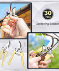 Beige hand pruners cutting branches from the 30 Piece Garden Shears Set Heavy Duty Pruning Scissors For Yard Work Plants Hedge Tree Cutting Secateurs