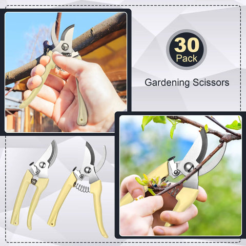 Beige hand pruners cutting branches from the 30 Piece Garden Shears Set Heavy Duty Pruning Scissors For Yard Work Plants Hedge Tree Cutting Secateurs