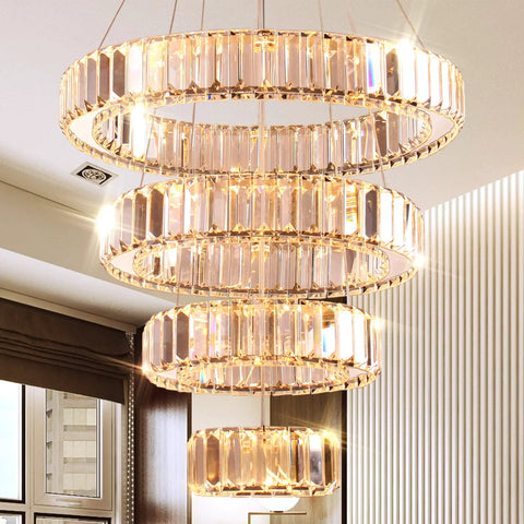 Four Ring Crystal LED Chandelier Pendant Light With Warm White 3000K Dope Modern Stainless Steel Ring Ceiling Fixture