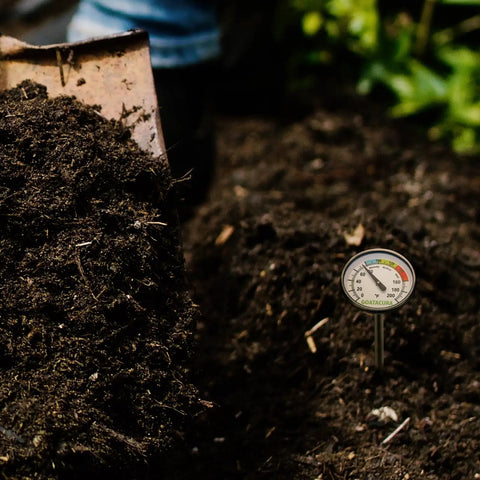 Compost Soil Thermometer With 304 Stainless Steel Case And Probe, 16 Inch Stem, 1.75 Inch Dial, 0 To 200 Fahrenheit, Three Zone Color Code Dial For Precise Composting And Garden Health For Home Gardeners, in compost pile