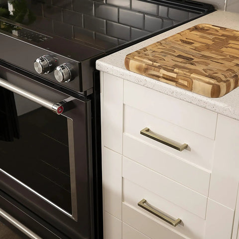 Solid Core Kitchen Cabinet Pulls With Luxe Golden Nickel Finish for doors and dressers, 12 inch center, installed on white cabinets