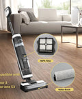 Cordless vacuum with HEPA filter and roller brush on wood floor, compatible with iFloor 3 and Floor One S3