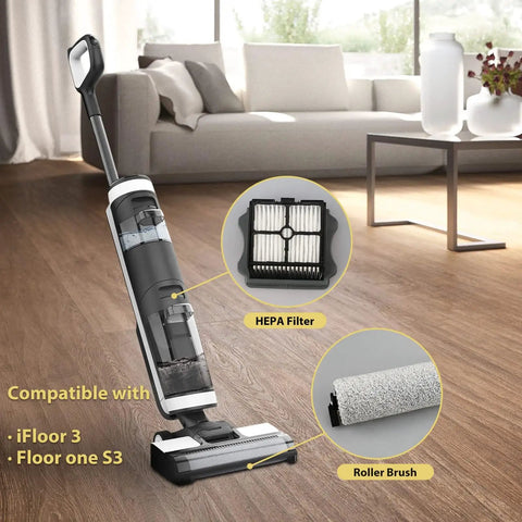 Cordless vacuum with HEPA filter and roller brush on wood floor, compatible with iFloor 3 and Floor One S3